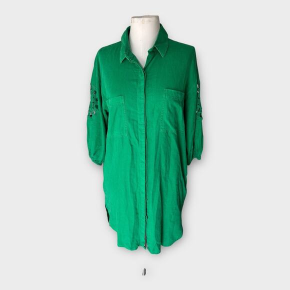 YFB Young Fabulous & Broke Green Linen Shirt Dress Women's Small Boho Beachy - Picture 12 of 12